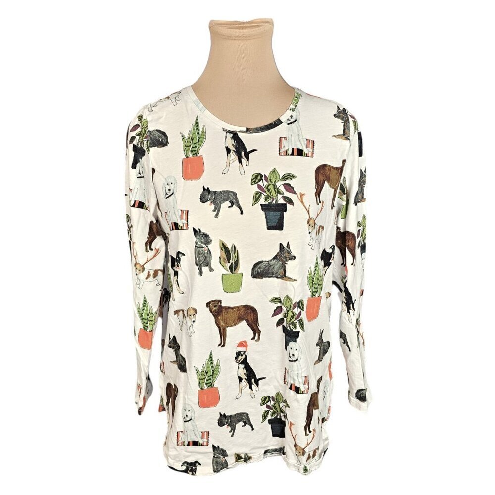 Foil Puppy Plant Pattern White Long Sleeve T-Shirt Sz M
